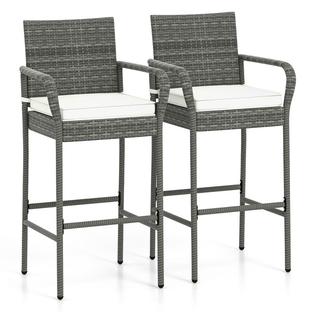 Tangkula Outdoor Bar Stools Set Of 2 4 All Weather Pe Rattan Bar Chairs W Armrests amp Seat Cushions Patio Pe Wicker Barstools