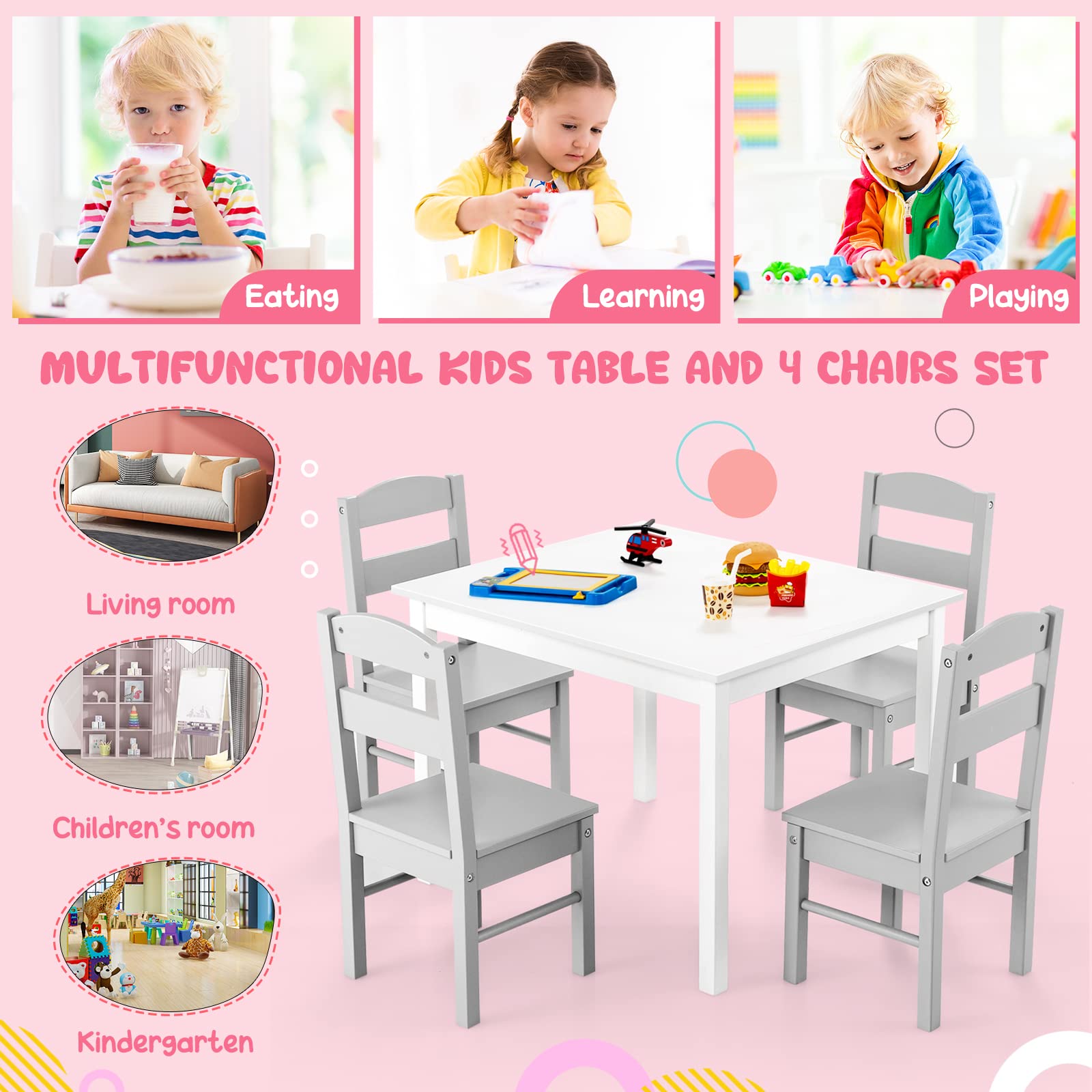 Costzon Kids Table and Chair Set, 5 Piece Wood Activity Table & Chairs