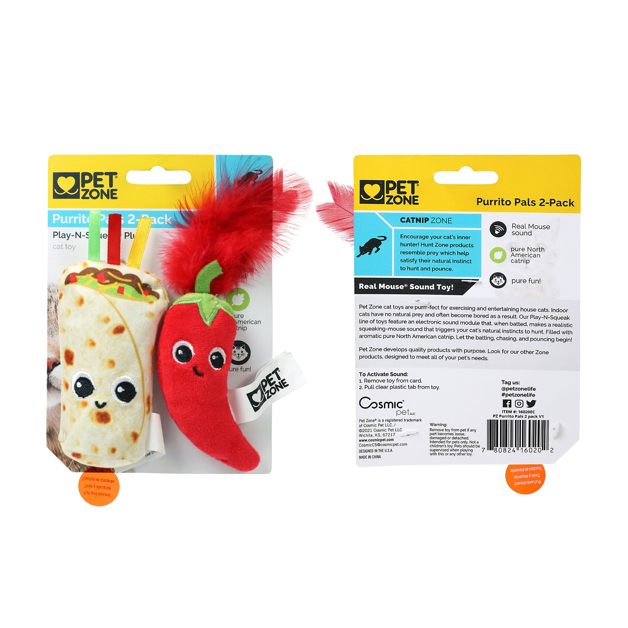 Pet Zone Purrito Pals Catnip Cat Toy， Multi-Color 2 Pack