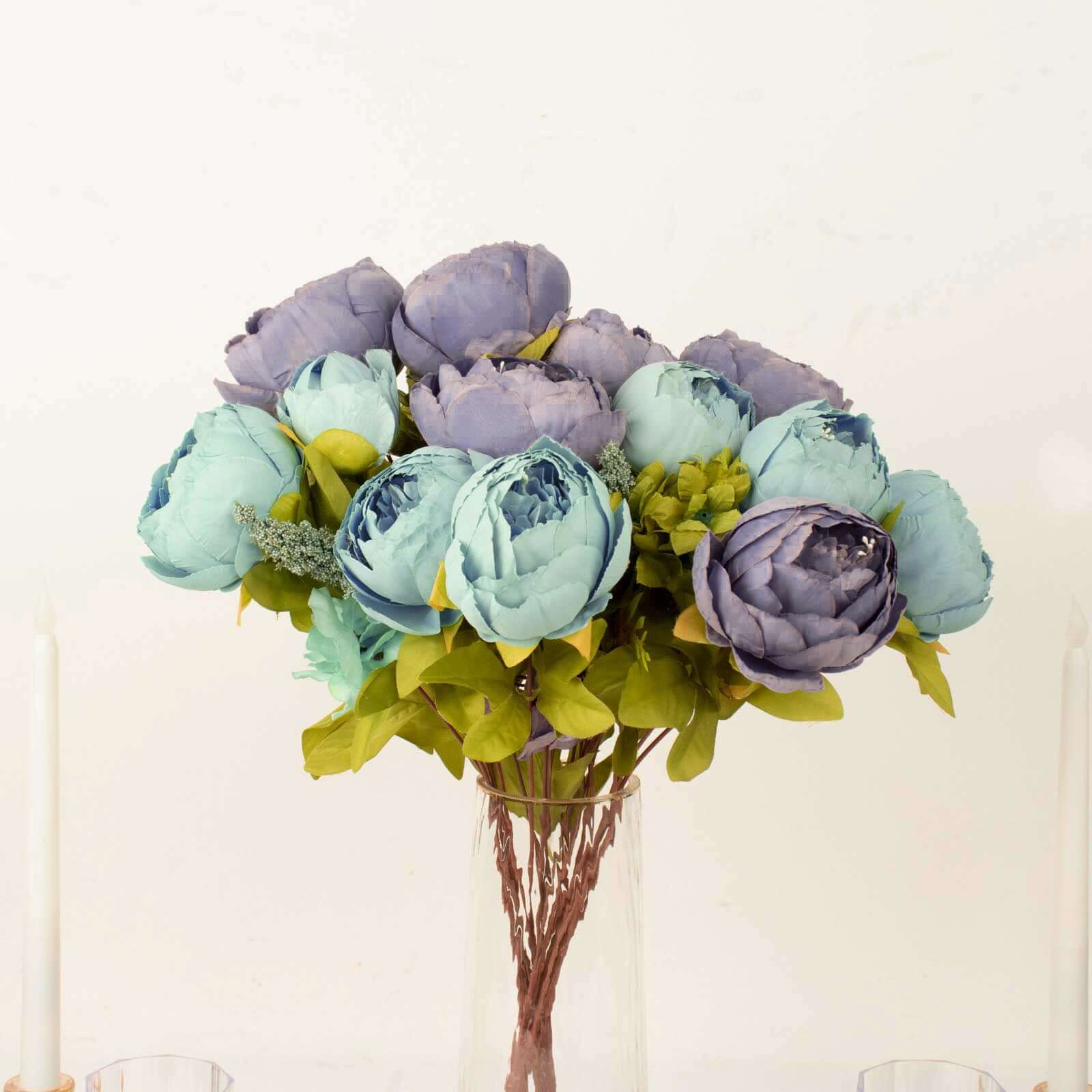 2 Pack Dusty Blue Artificial Peony Flower Wedding Bouquets, Faux Silk Flower Arrangements 19