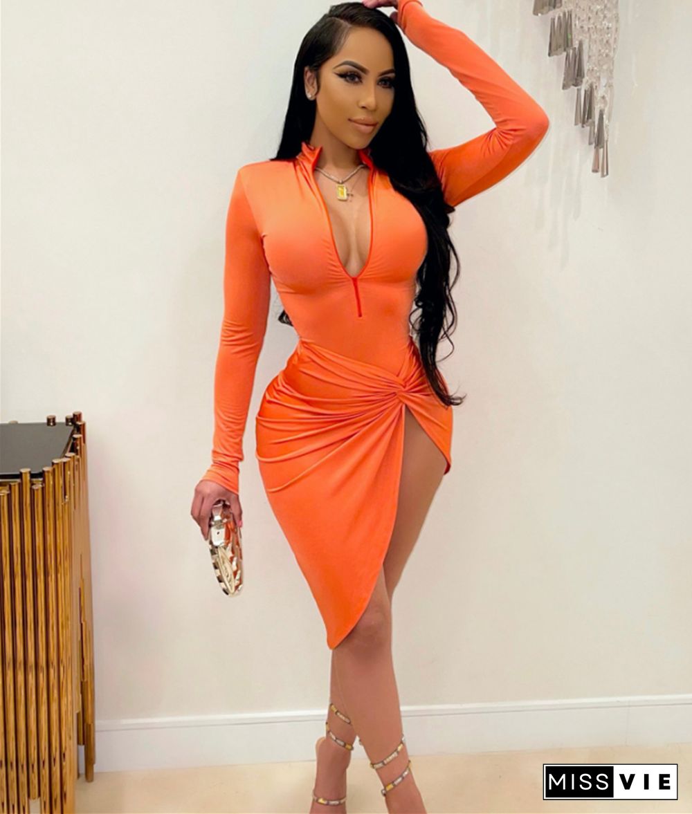 Zipper Front Long Sleeve Knotted Irregular Slit Dress