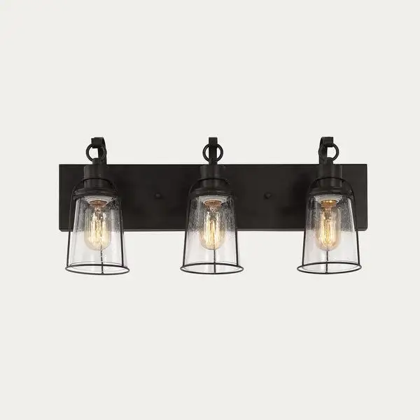 Farmhouse 3-Light Bronze Bathroom Vanity Lights Metal Cage Wall Sconces with Seeded Glass - 22