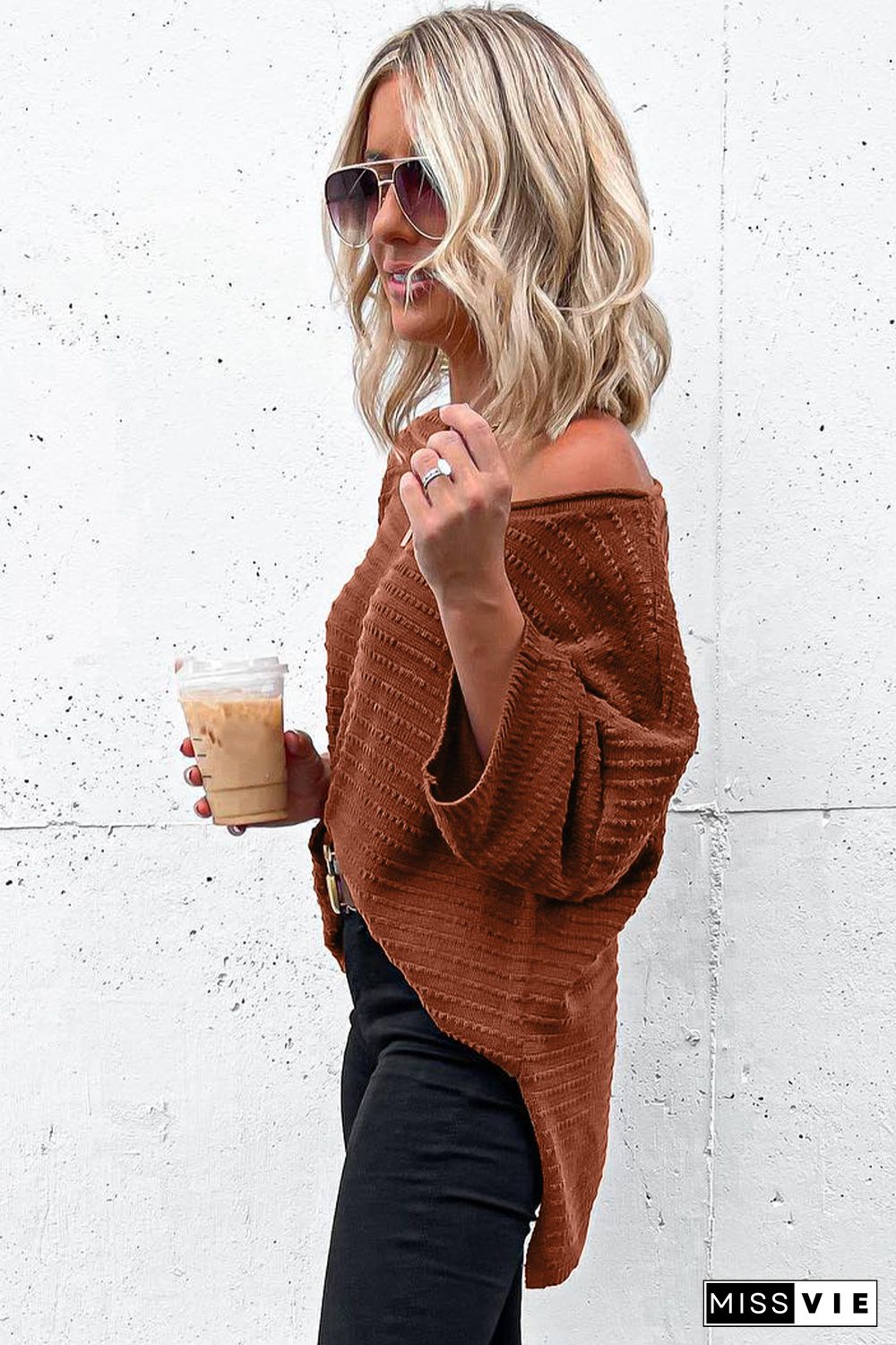 Brown Dotty Textured Knit Drop Shoulder Tee