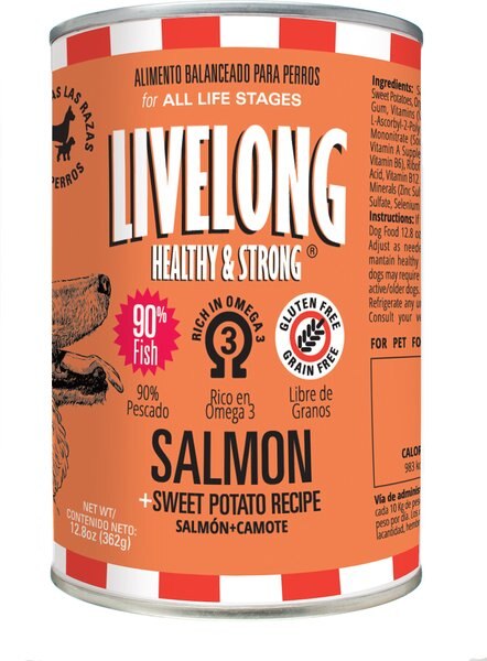 Livelong Healthy and Strong Salmon and Sweet Potato Recipe Wet Dog Food， 12.8-oz can， case of 12