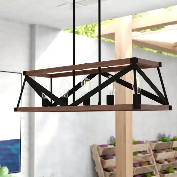 Wade 5L Black and Wood Rustic Cage Linear Chandelier Island Pendant Light Fixture - 36.75-in. W x 10.75-in. H x 12.75-in. D Shopping - The Best Deals on Chandeliers