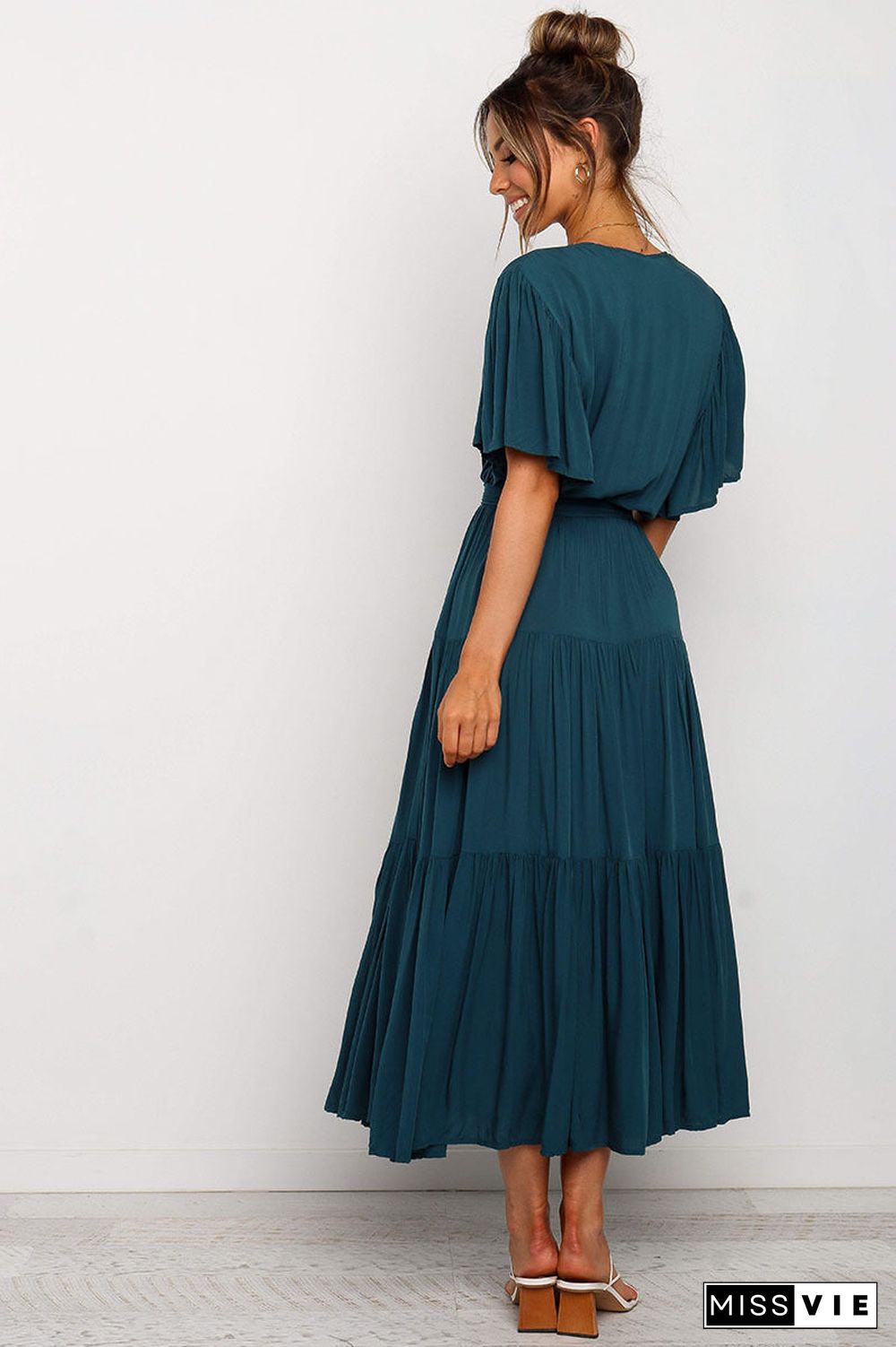 V Neck Tie Waist Short Sleeve Maxi Dress