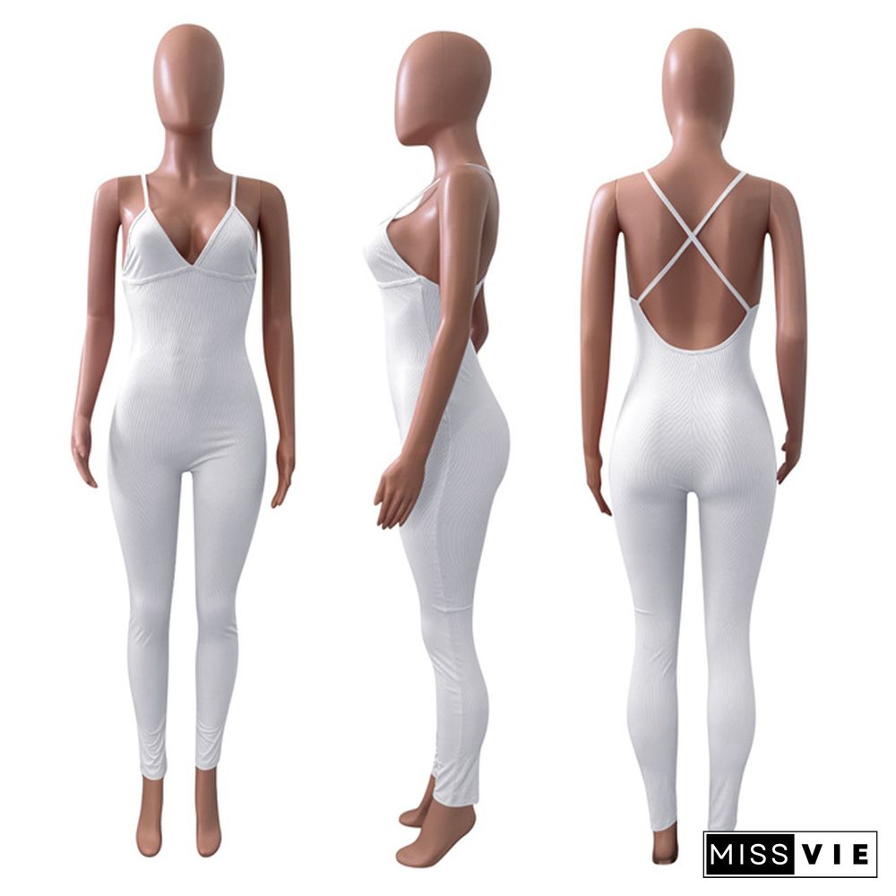 Women Sleeveless V-Neck Solid Ribbed Open Back Cross Summer Activewear Sexy One Piece Jumpsuit