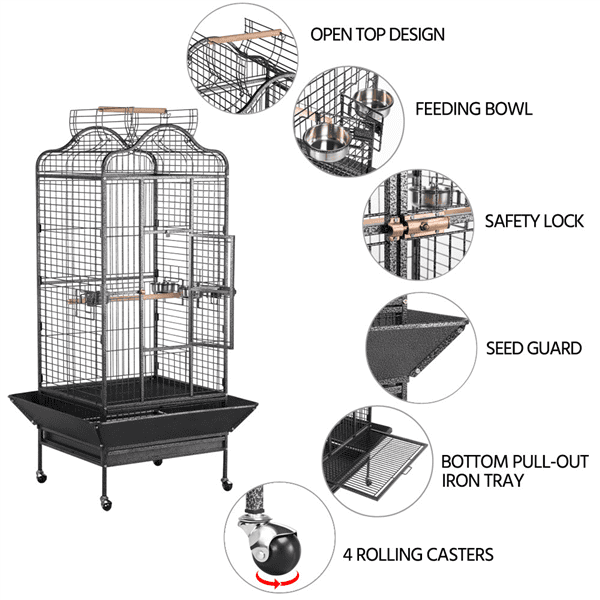 Yaheetech 63''H Open Playtop Extra Large Bird Cage Parrot Cage for African Grey Sun Conures Parakeets Cockatiels， Large Rolling Metal Pet Cage with Stand and Open Roof