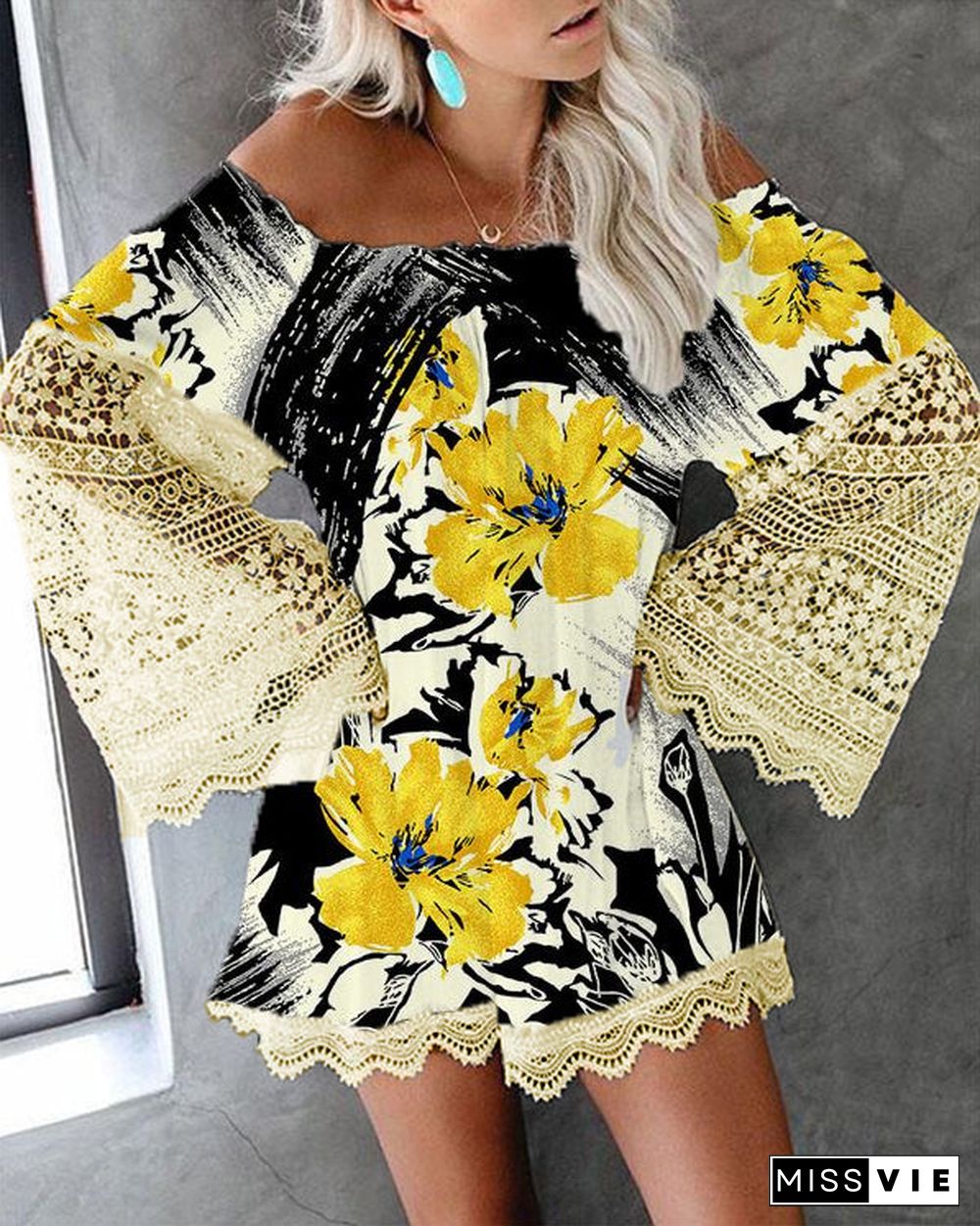 Long-Sleeve Off-Shoulder Printed Lace Loose Mini Dress S-5XL