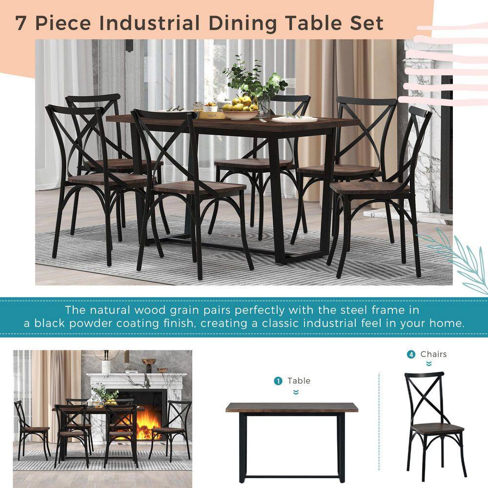 Harper  Bright Designs Industrial Style 7-Piece Rustic Brown MDF Top Table Set Seats 6 XW047AAA