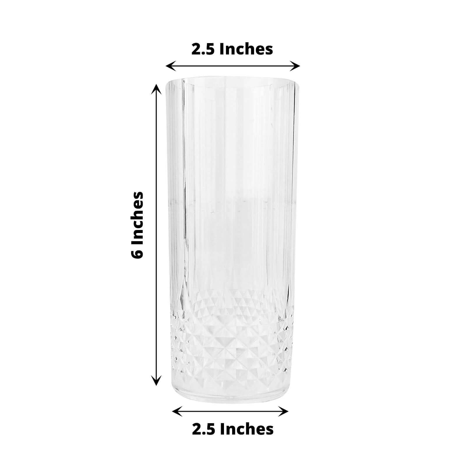 6 Pack Clear Crystal Cut Reusable Plastic Highball Drinking Glasses, Shatterproof Cocktail Tumblers 14oz