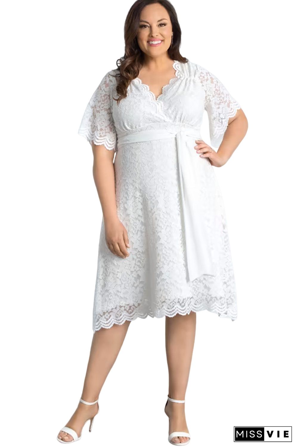 White Scalloped Lace Wrap V Neck Plus Size Dress