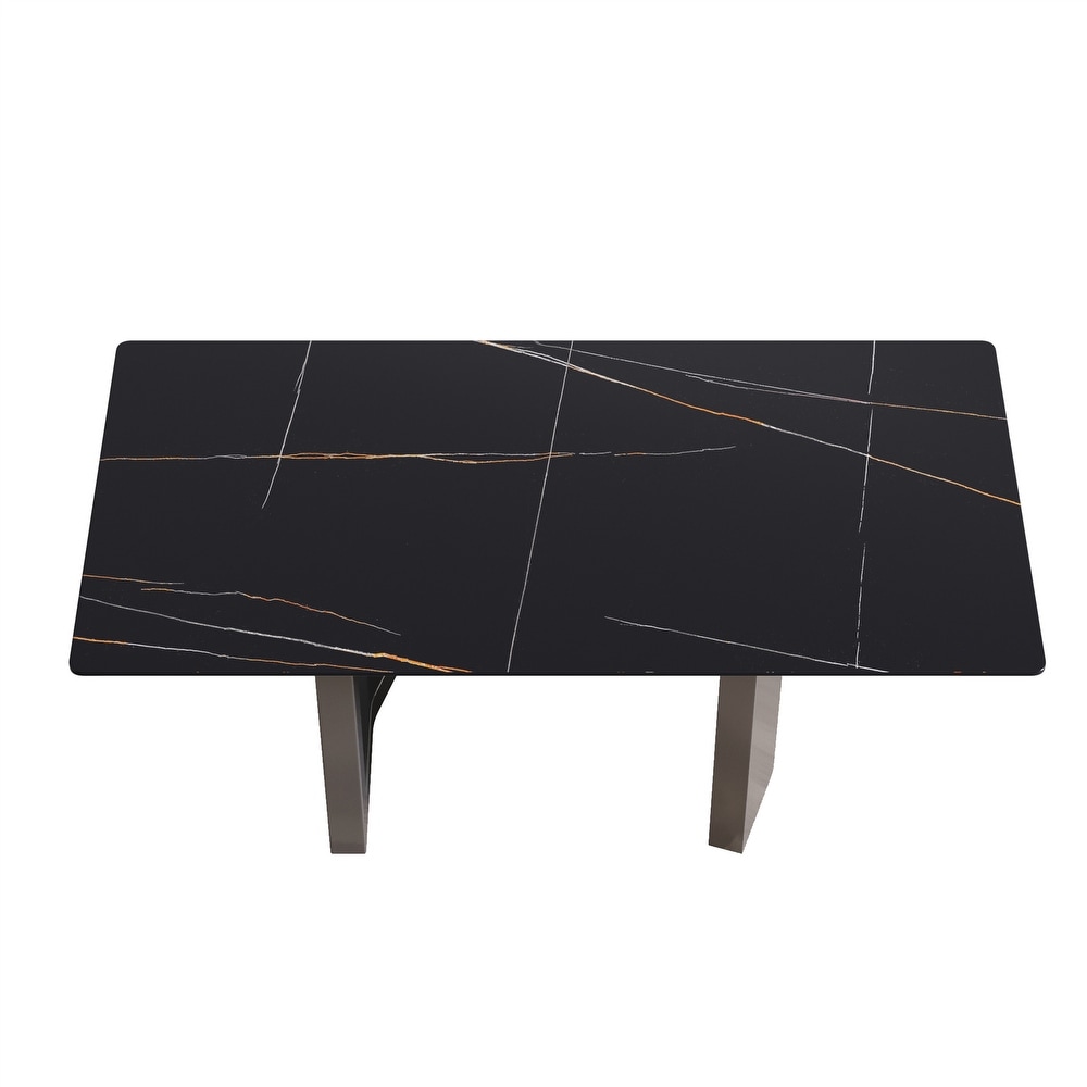 Artificial Stone Black Straight Edge Black Metal Leg Dining Table