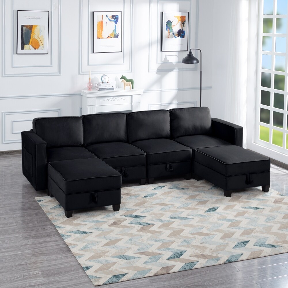 Velvet 116'' Square Arm Sectional Sofa 6 Seater Living Room Sofa with Multiple Storage Spaces and Adjustable Backrest