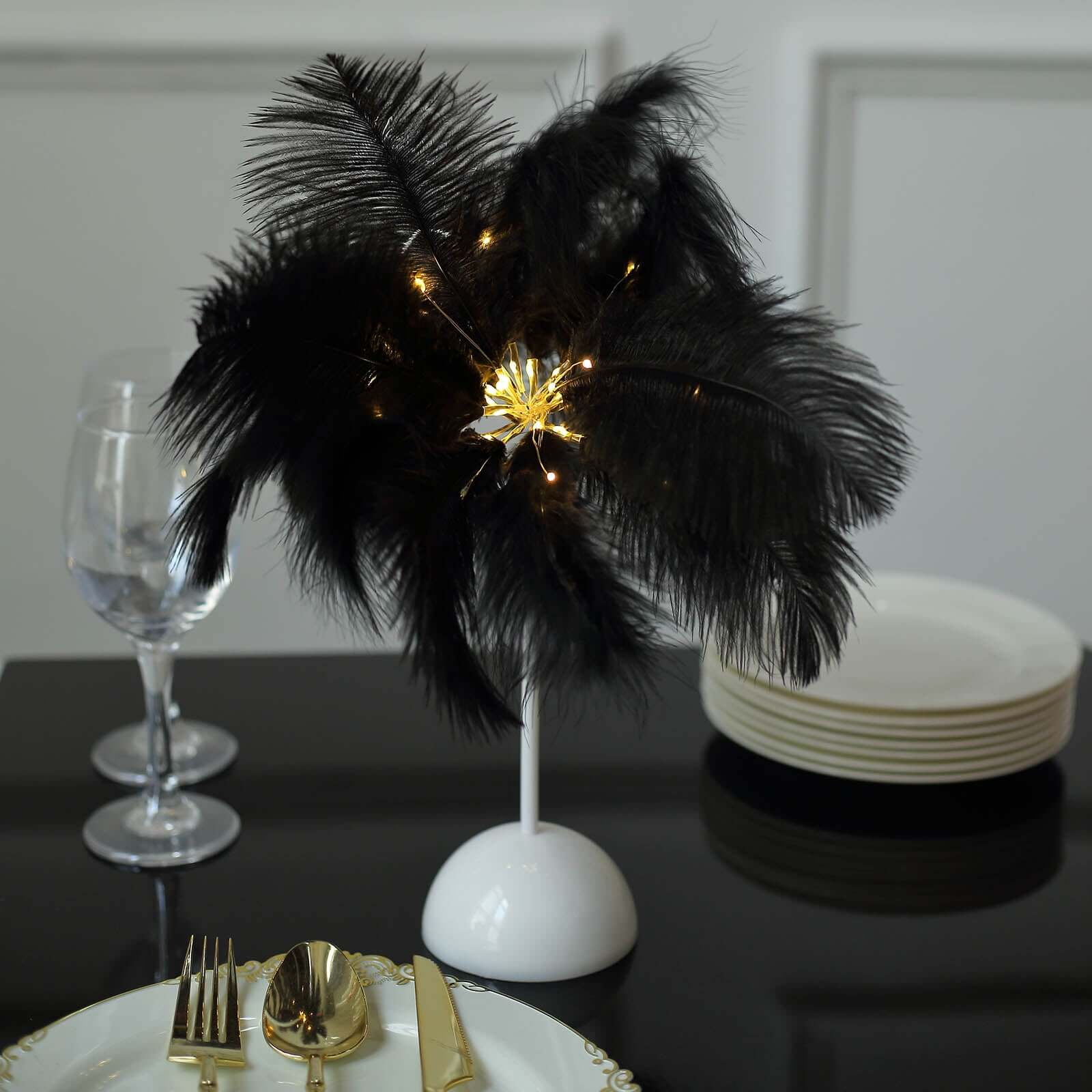 LED Black Ostrich Feather Table Lamp Desk Light, Battery Operated Cordless Wedding Centerpiece 15