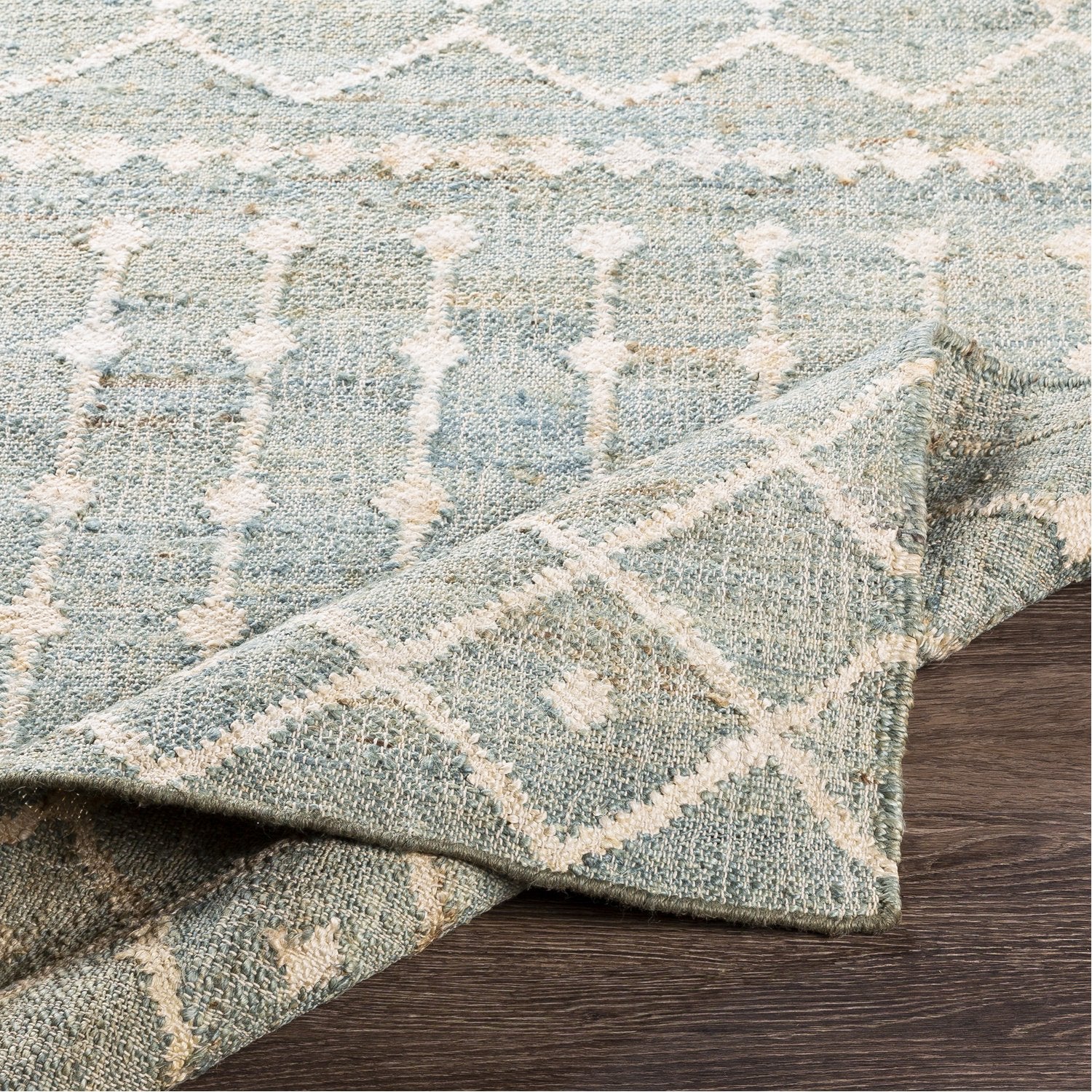 Cadence Hand Woven Rug in Sage, Cream, Camel, Ice Blue, Tan