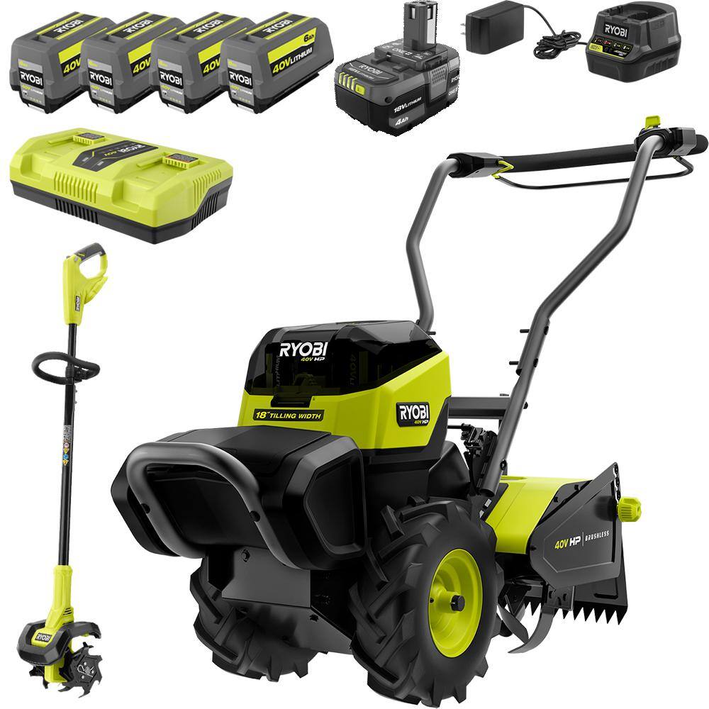 RYOBI 40V HP Brushless 18 in. Battery Powered Rear Tine Tiller  18V ONE+ 8 in. Cordless Cultivator - 40V  18V 4 Ah Batteries RY40720-C