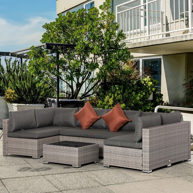 Outsunny 4 pcs Patio Furniture Sets Outdoor Wicker Conversation Set Rattan Sofa Set With Tempered Glass Coffee Table And Cushions For Backyard