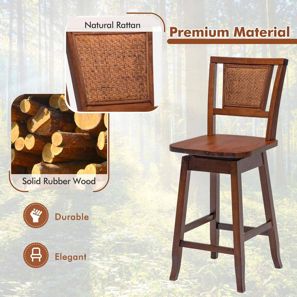 Costway 39 in. Brown Wood Low Back Swivel Bar Stool Rubber Wood Pub Chairs w/Rattan Back Set of 2 JV10645-24