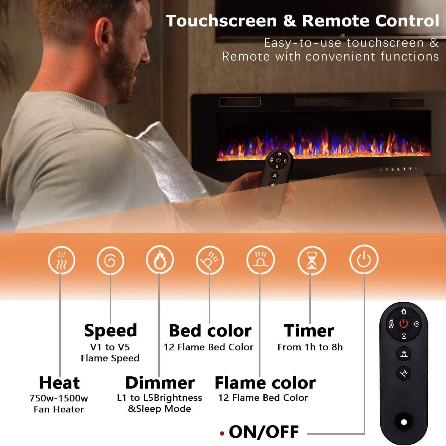 Waleaf 60 inch Ultra-Thin Silence Linear Electric Fireplace Inserts, Recessed Wall Mounted Fireplace, Fit for 2 x 4 and 2 x 6 Stud, Adjustable Flame Color & Speed,Touch Screen Remote Control 8h Timer