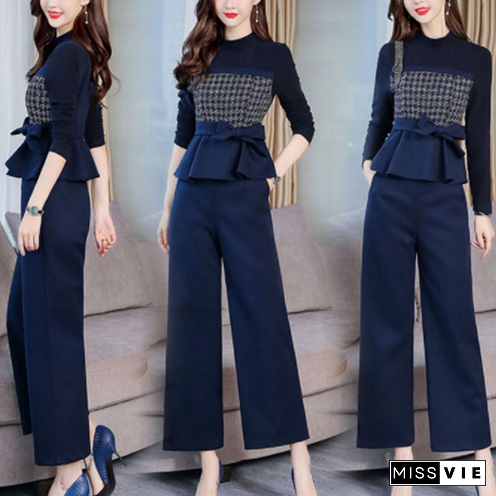 Autumn Winter Elegant Two Piece Sets Outfits Women Plus Size Long Sleeve Bow Tops And Wide Leg Pants Suits Office Sets