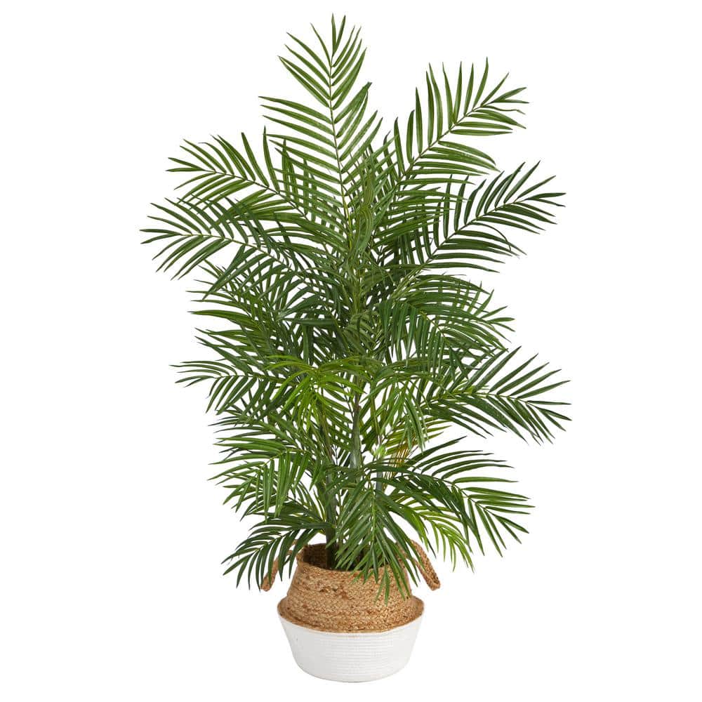 Nearly Natural 4 ft. Green Areca Artificial Palm in Boho Chic Handmade Cotton and Jute White Woven Planter T2931