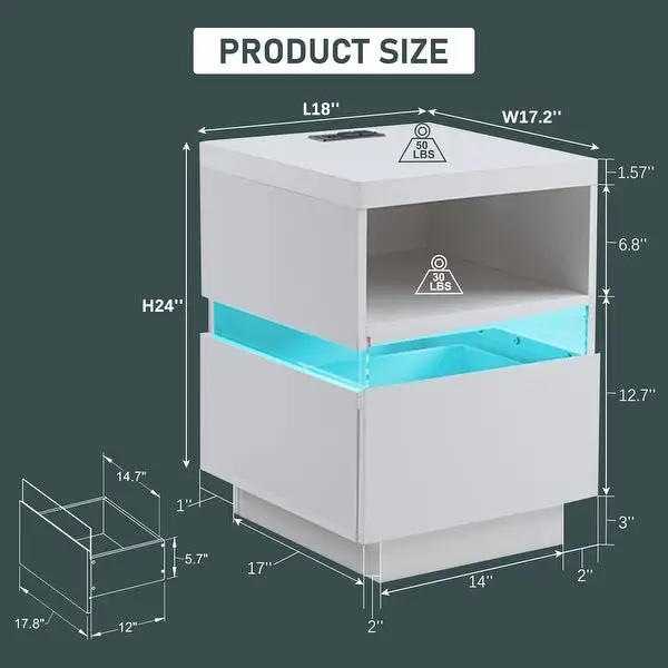 LED Nightstand with Charging Station for Bedroom Modern Side Table with Open Display Shelf and Storage Sliding Drawer