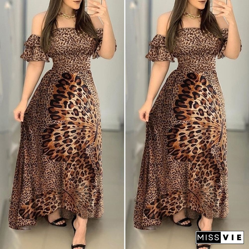 S-5Xl Women Strapless Leopard Print Sexy Tunic Dress Short Sleeve Off Shoulder Evening Party Maxi Dresses Kleid