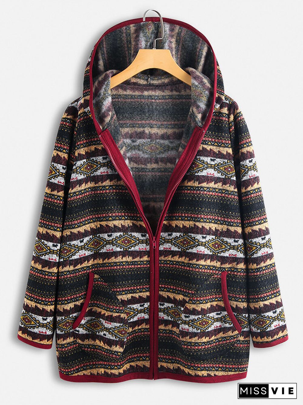 Ethnic Print Patchwork Long Sleeve Hooded Jacket For Women