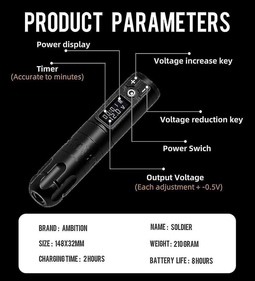 Ambition Soldier Wireless Freedom Tattoo Pen Machine 1800mah Battery Portable Tattoo Power Supply