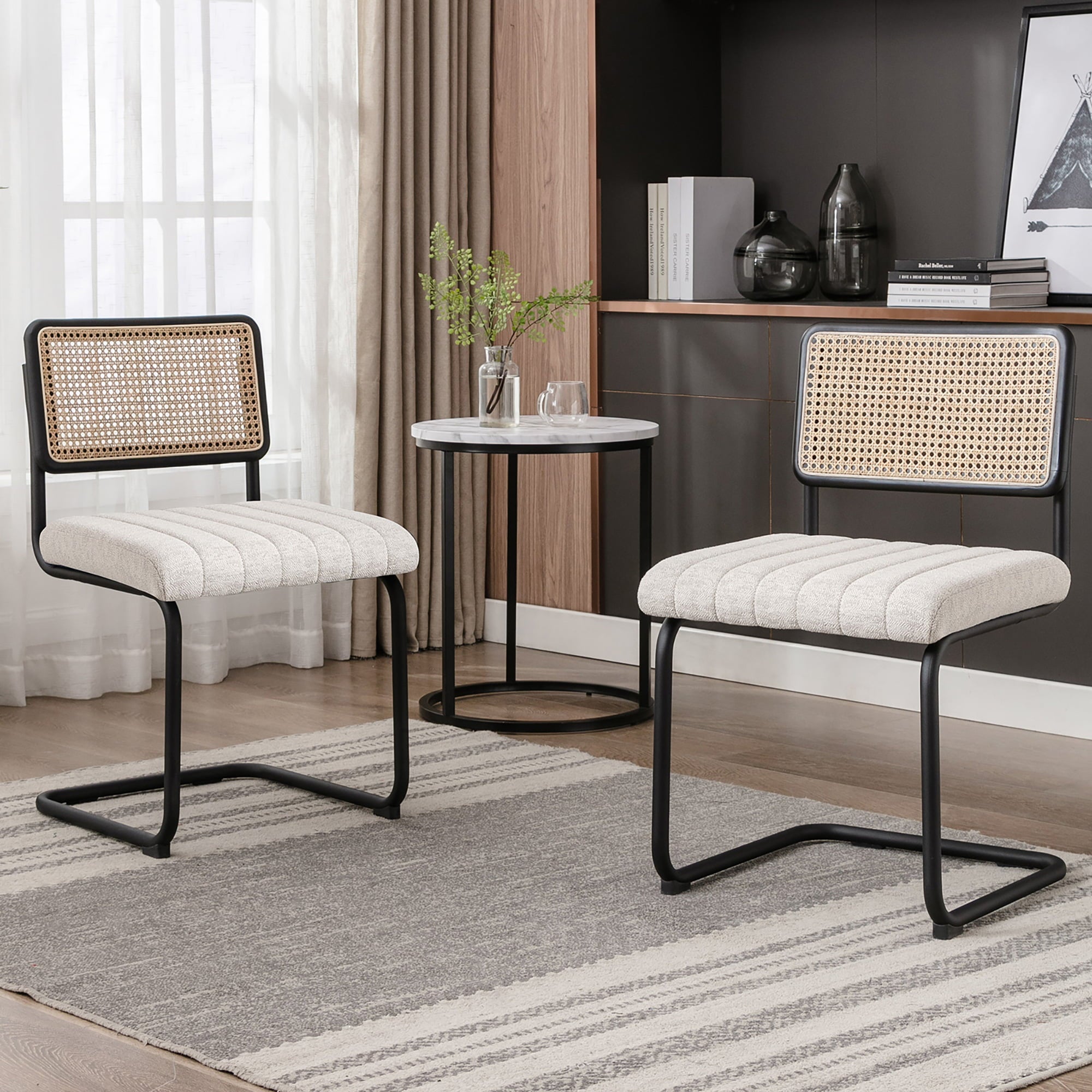 Zesthouse Beige Linen Dining Chairs Set of 2, Rattan Upholstered Kitchen Chairs with Cane Back and Black Metal Legs, Mid-Century Modern Side Chair for Living Room