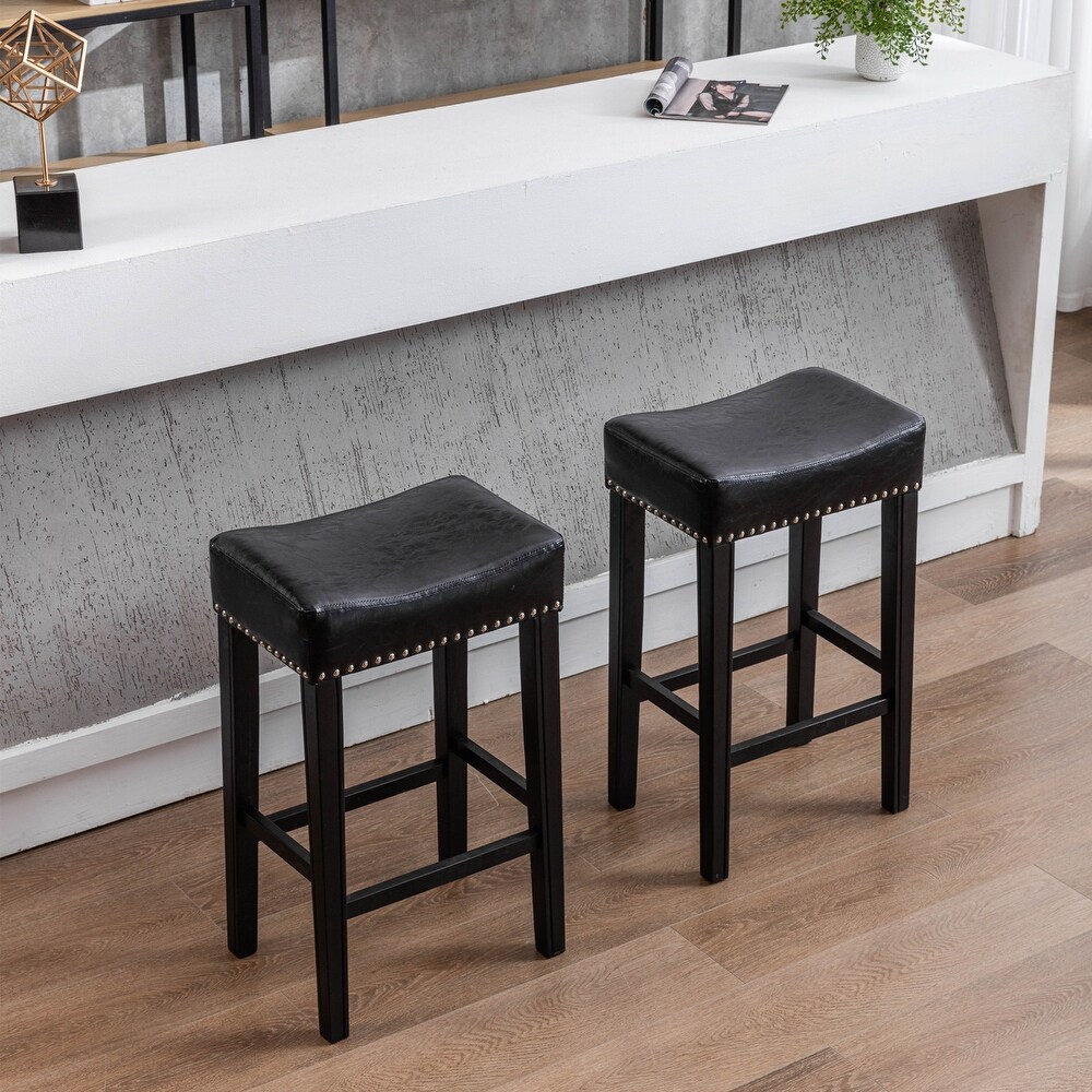 2pcs Counter Height Black Leather Bar Stools Backless Barstools