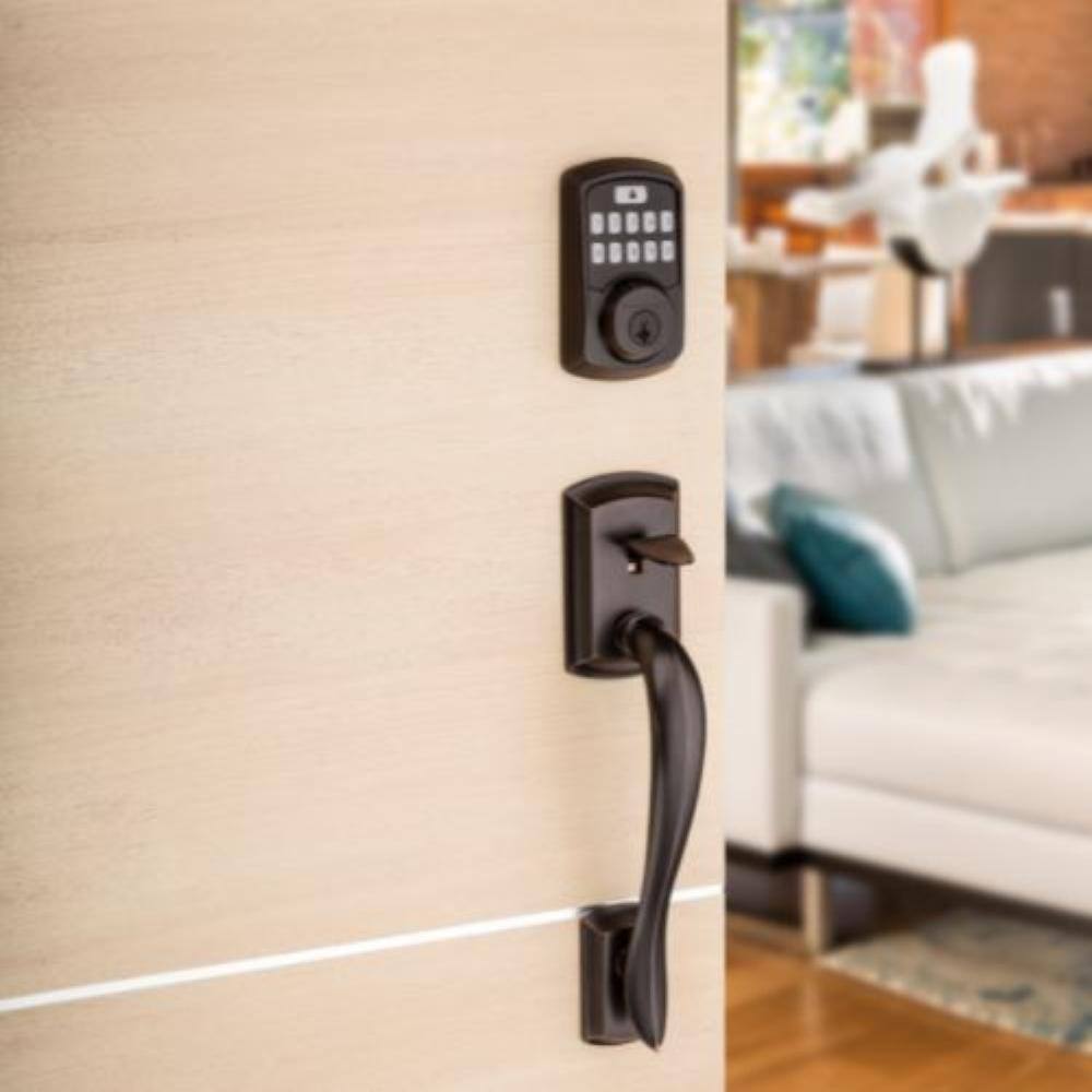 Kwikset Aura Venetian Bronze Single Cyl. Elec. BT Keypad Smart Lock Deadbolt with Avalon Handle and Tustin HallCloset Lever 94211P AVH11P