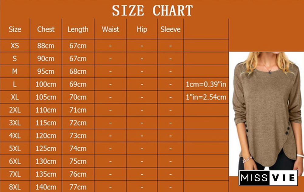 XS-8XL Fashion Clothes Autumn and Winter Tops Women's Causal Solid Color Irregular Shirts Round Neck Button Stitching Loose Blouses Ladies Plus Size Pullover Sweatshirts Long Sleeve Cotton T-shirts