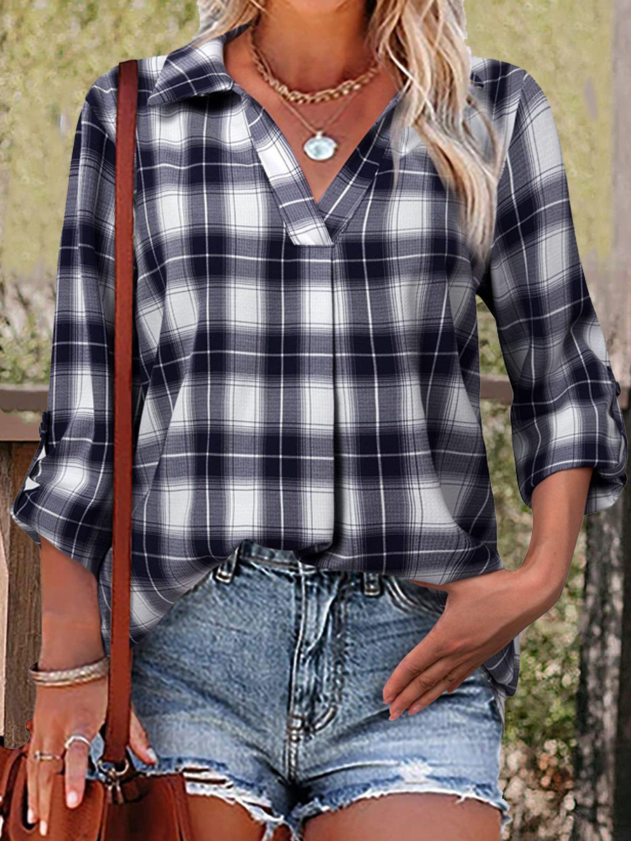 Casual Check V-Neck Long Sleeve Blouse