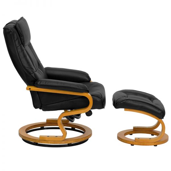 Davies Contemporary Adjustable Recliner and Ottoman with Swivel Maple Wood Base in Black LeatherSoft