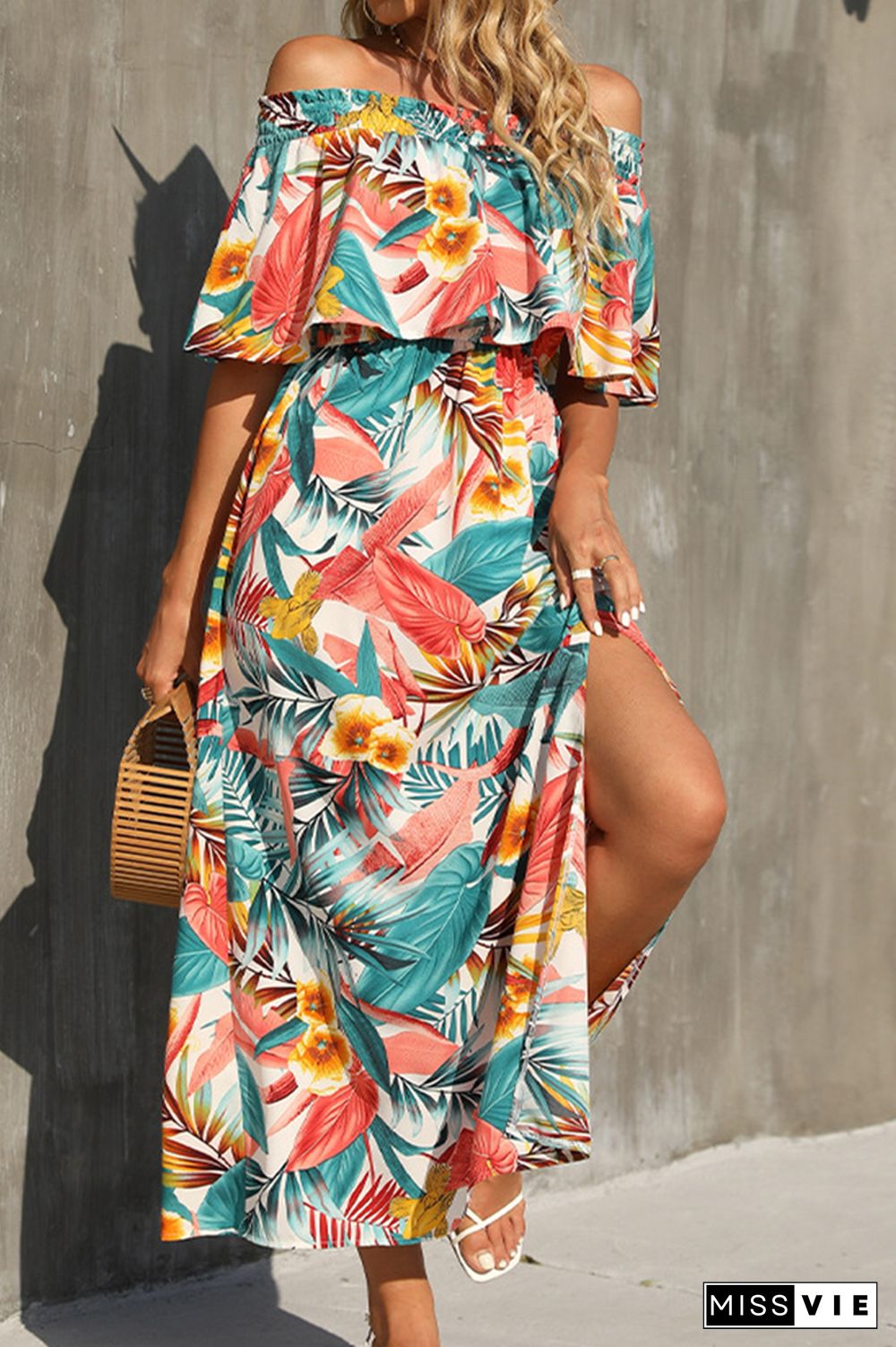 Boat Neck Flowers & Leaves Print Slit Dress Wholesale