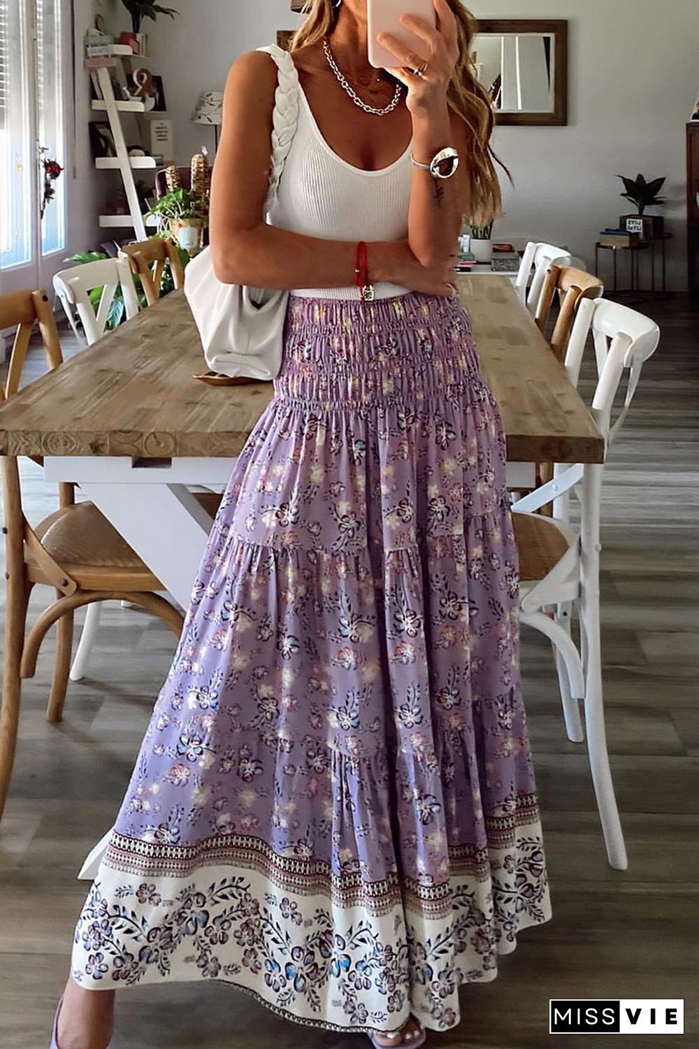 Purple Floral Print Shirred High Waist Maxi Skirt