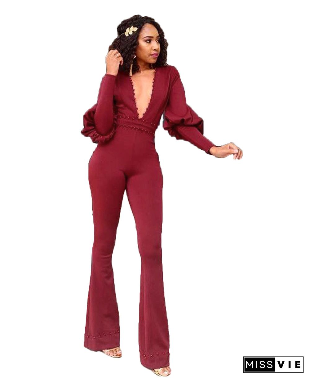 Deep V Sexy Beaded Puff Sleeve Flared Jumpsuit