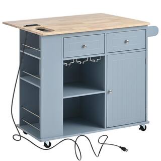 Runesay Gray Blue Rubberwood Folding Cable Countertop 39.8 in. W Kitchen Island Cart with Wine Rack and Side Shelf Compartment KIGYBE5567203