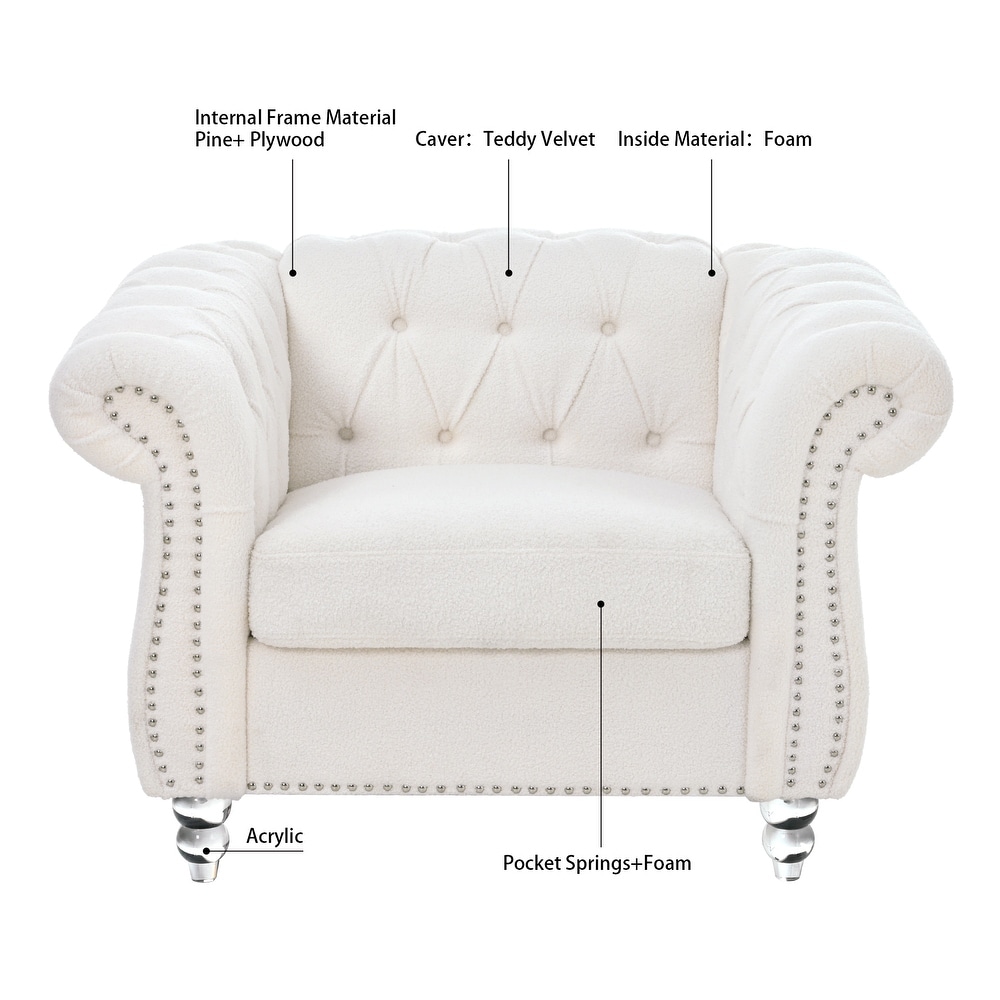 Livingroom Accent Chair  1 Seater Teddy Velvet Cover Sofa Armchair Rolled Arms Chair Lounge Chairs with Nailheads  White