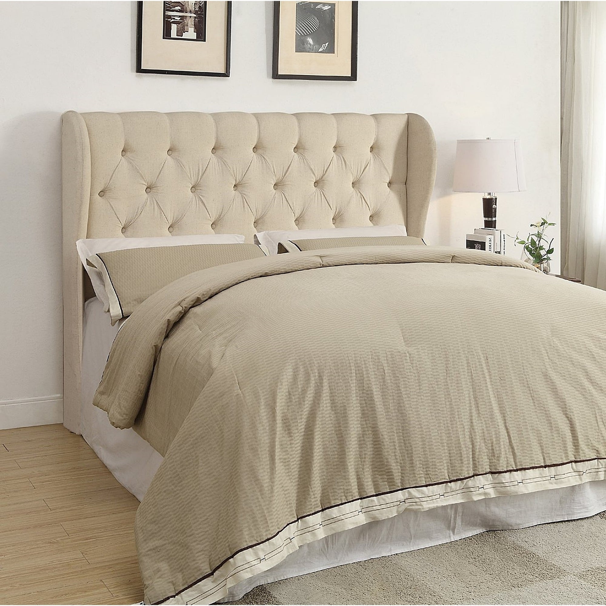 Tribeca King Size Wingback Button Tufted Beige Fabric Headboard - - 35780164