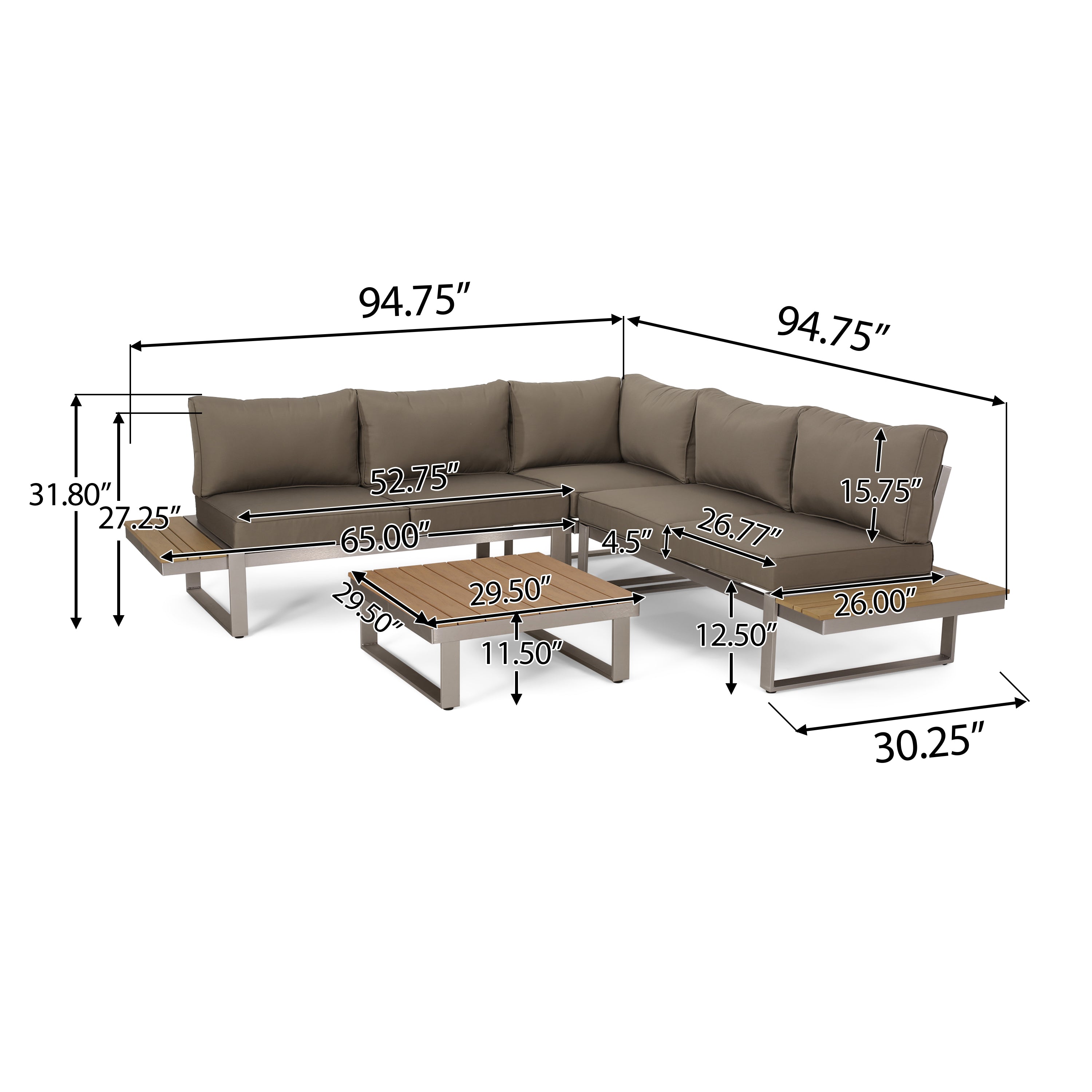 Johana Outdoor Aluminum V-Shaped 5 Seater Sofa Set with Cushions