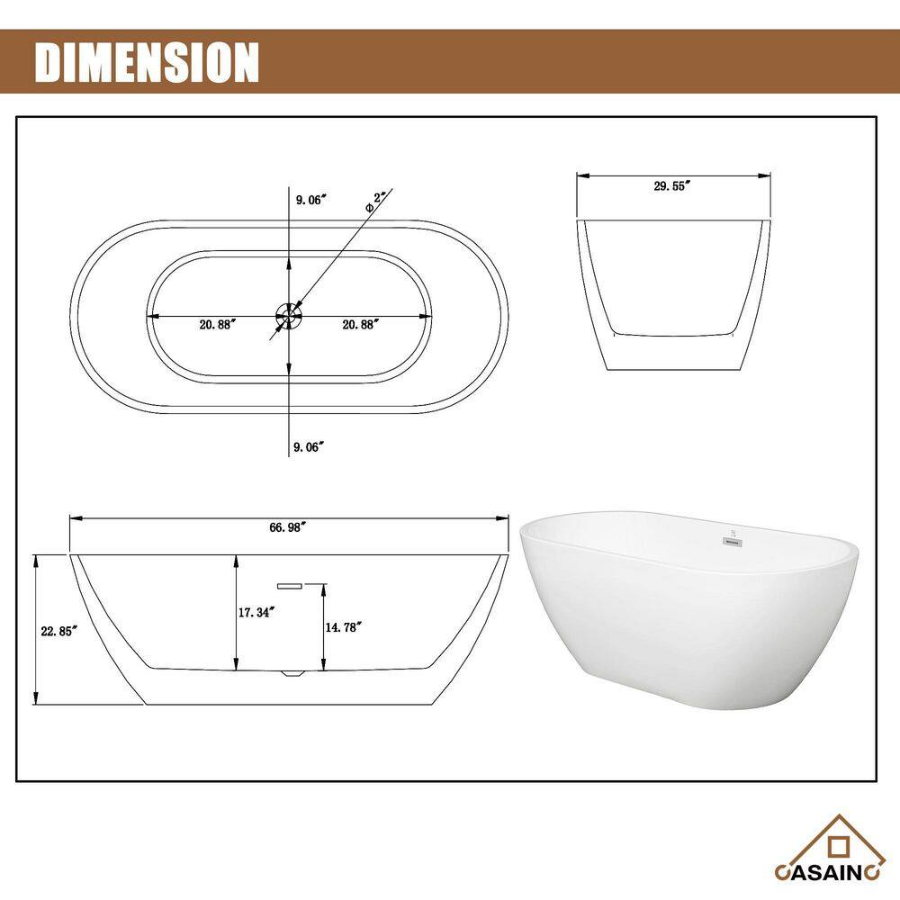 CASAINC 67 in. Acrylic Flatbottom Non-Whirlpool Bathtub in White CAS967W