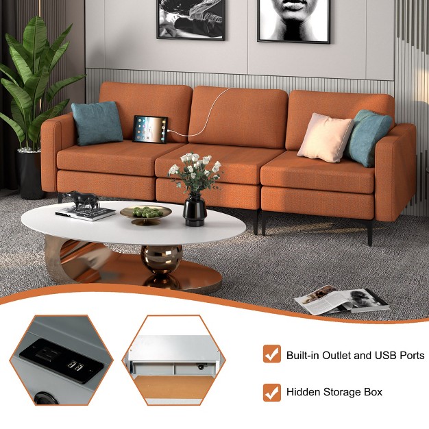 Costway Modular 3 seat Sofa Couch W Socket Usb Ports amp Side Storage Pocket Orange dark Grey