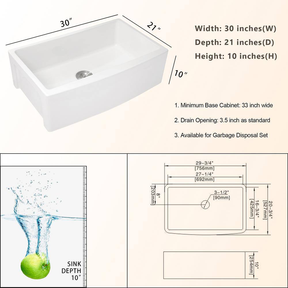 matrix decor White Fireclay 30 in. Single Bowl Farmhouse Apron -Front Kitchen Sink with Accessories MD-LAW3021R1