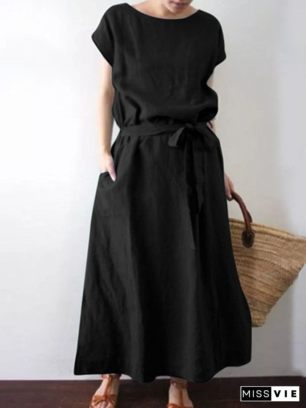 Casual O-Neck Solid Color Cotton Linen Belt Long Dress Retro Simple Commute Dress Women Fashion Loose Short Sleeve Pocket Dress