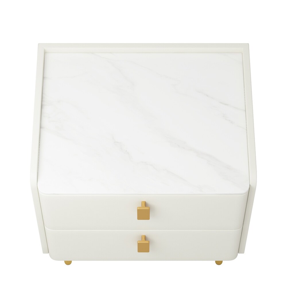 Modern Upholstered Gold plated Metal Nightstand with Stone Tabletop