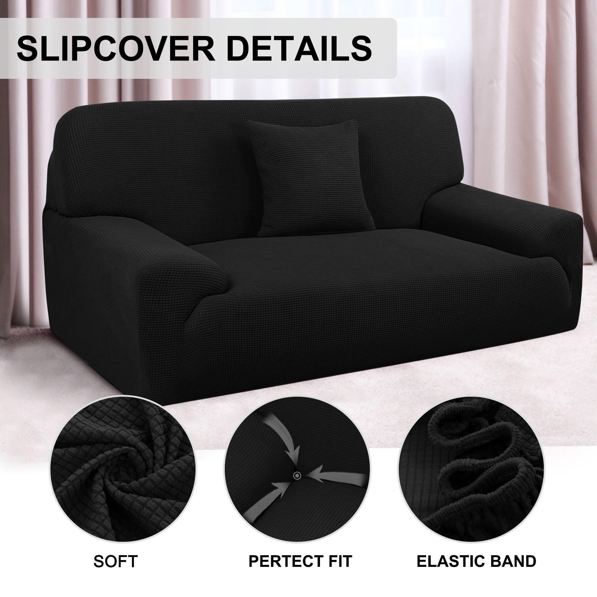 PiccoCasa Jacquard Sofa Covers 1-Piece Seater Couch Cover Furniture Protector Black 88