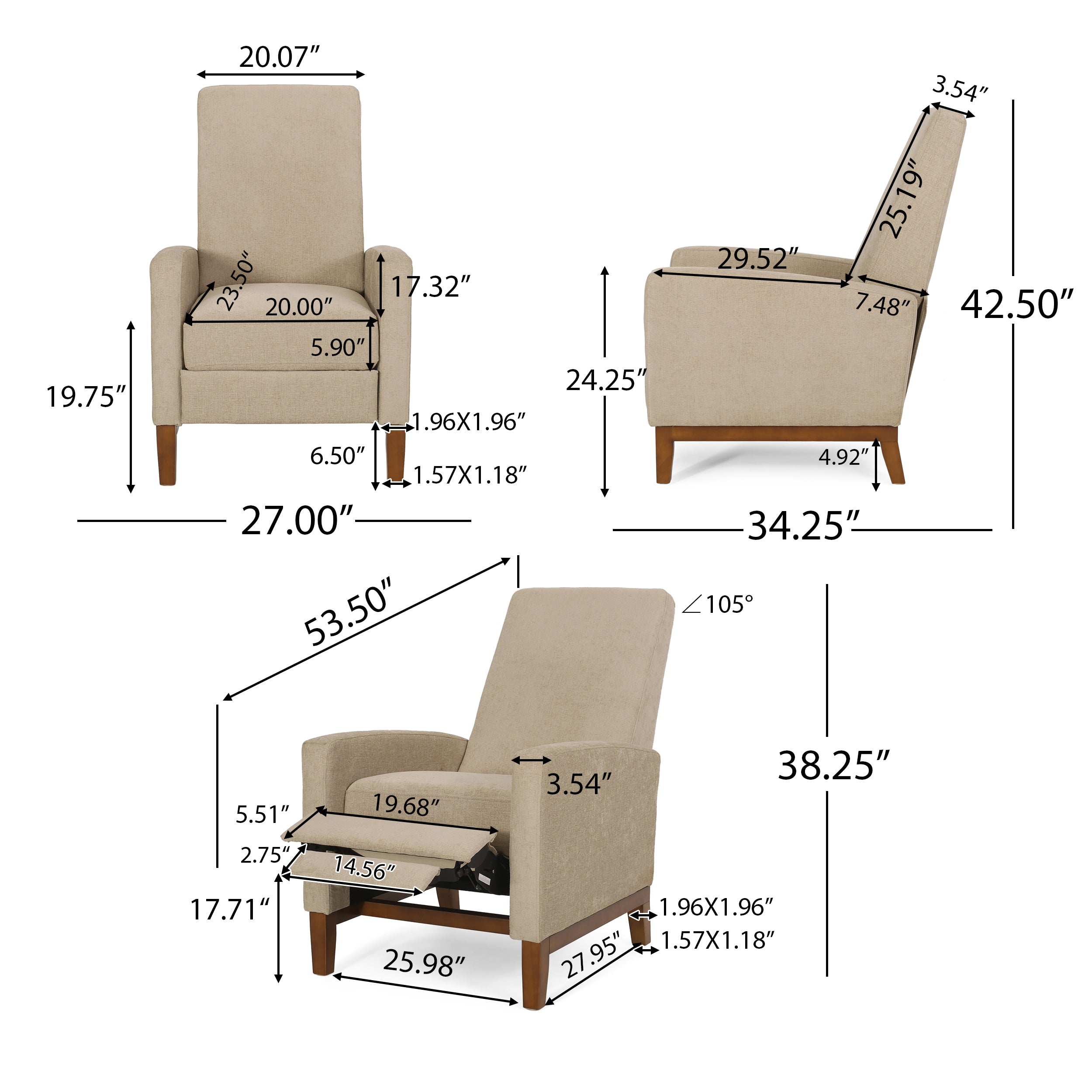 Plevna Contemporary Fabric Upholstered Pushback Recliner